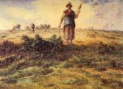 Jean-Franc Millet, A Shepherdess and her Flock Watercolour heightened with white